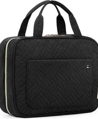Toiletry Bag Travel Bag with Hanging Hook, Water-resistant Makeup Cosmetic Bag Travel Organizer for Accessories, Shampoo, Full-size Container, Toiletries (Black, Medium)