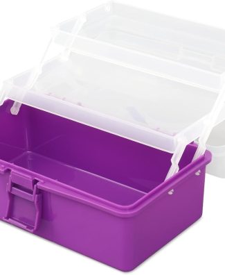 Magshion 3-Layer Fishing Tackle Box with Snap Latches, 9 Inch Multi-Purpose Plastic Storage Organizer, Folding Tool Box with Trays for Makeup, Stationery, Gadgets, Durable & Portable, Purple