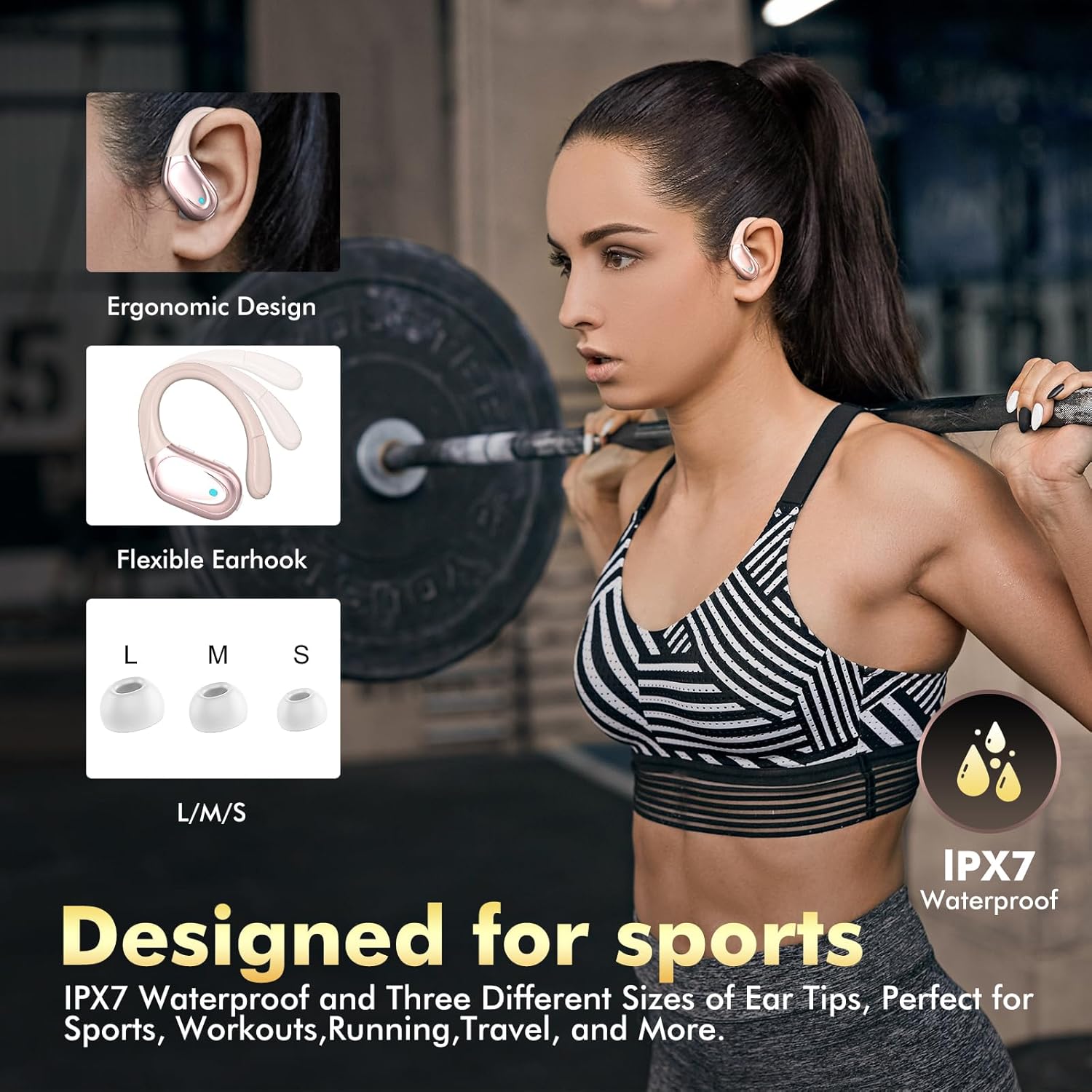 Wireless Earbuds Bluetooth Headphones 80hrs Playback Ear Buds Power Display with Noise Canceling Mic Headsets for Sports/Workout/Running Rose Gold - Image 5