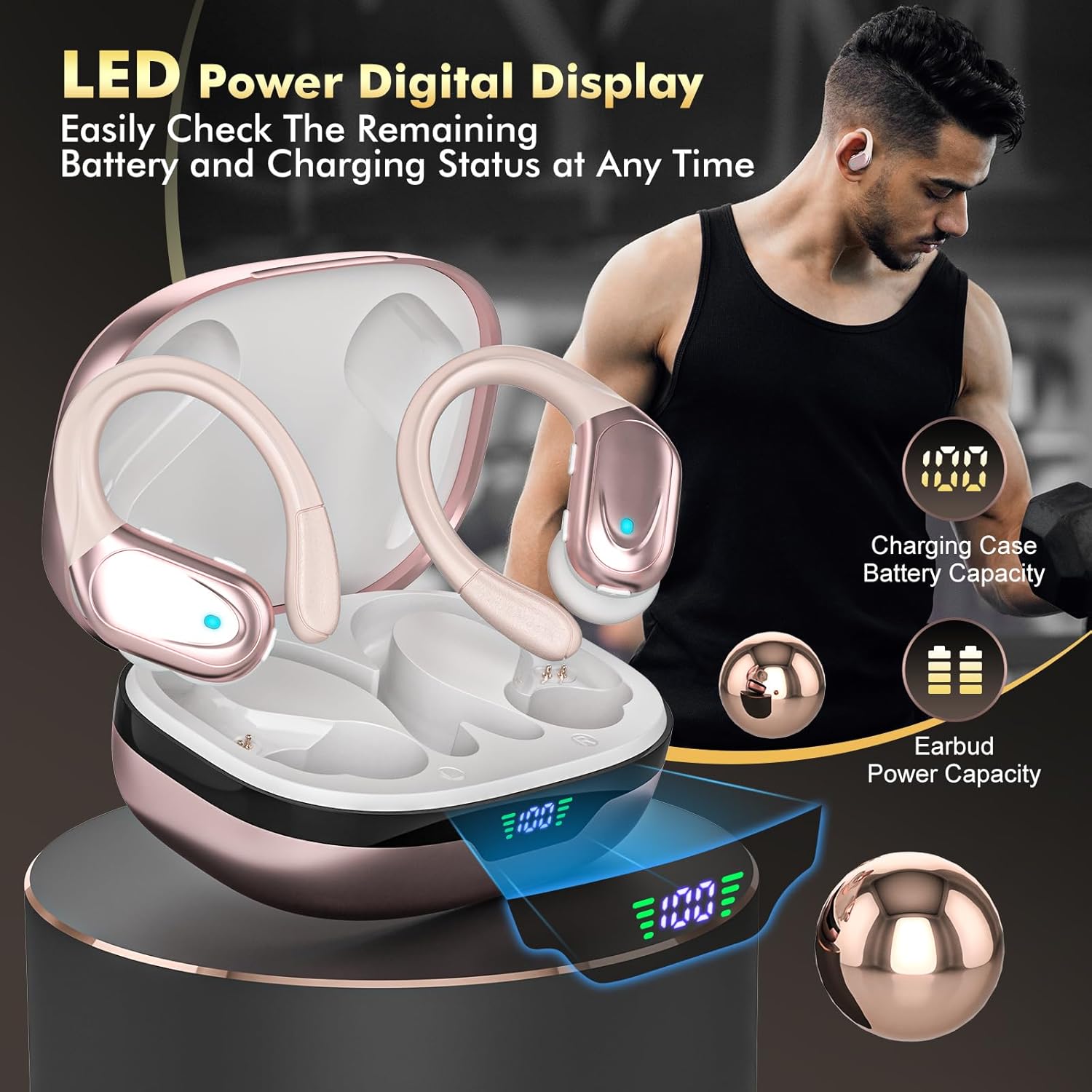Wireless Earbuds Bluetooth Headphones 80hrs Playback Ear Buds Power Display with Noise Canceling Mic Headsets for Sports/Workout/Running Rose Gold - Image 7